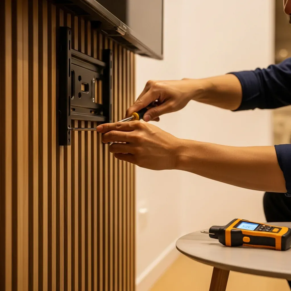 Người đàn ông siết ốc vít và kiểm tra độ ẩm vách tivi hàng tháng