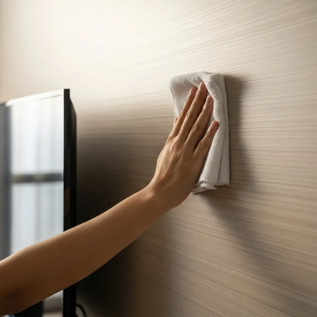 Tay người dùng lau bụi khô bề mặt vách tivi bằng khăn microfiber