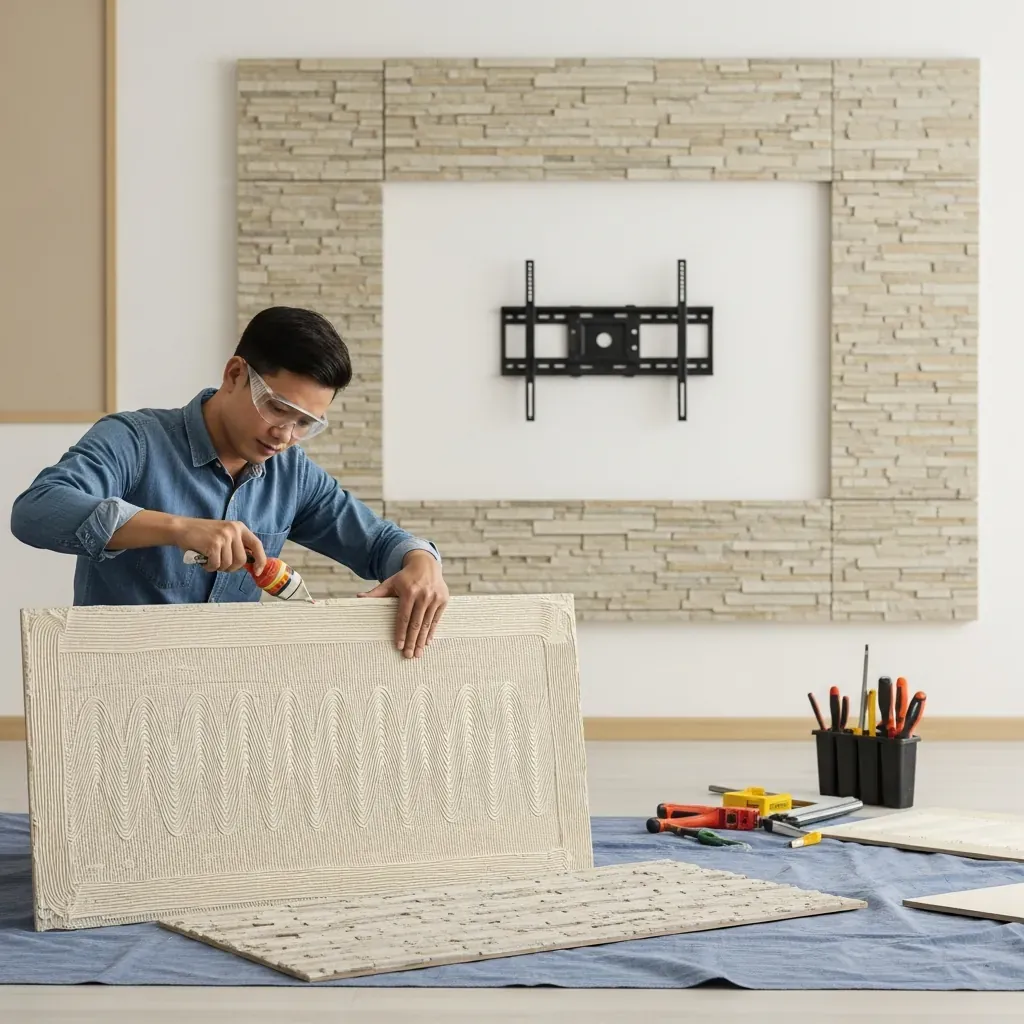 Thợ thi công đang dán keo mặt sau tấm ốp PVC cho vách tivi