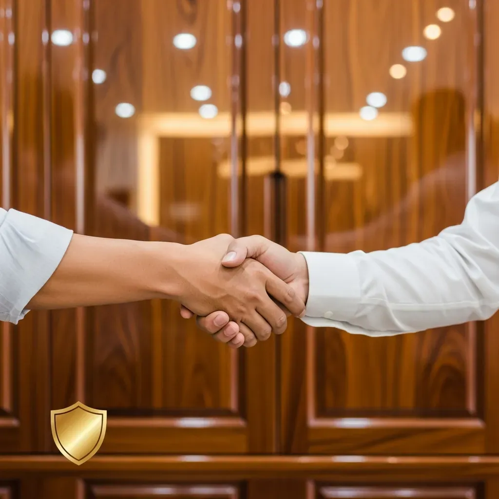 Bắt tay cam kết bảo hành giữa khách hàng và chủ xưởng sản xuất gỗ óc chó.