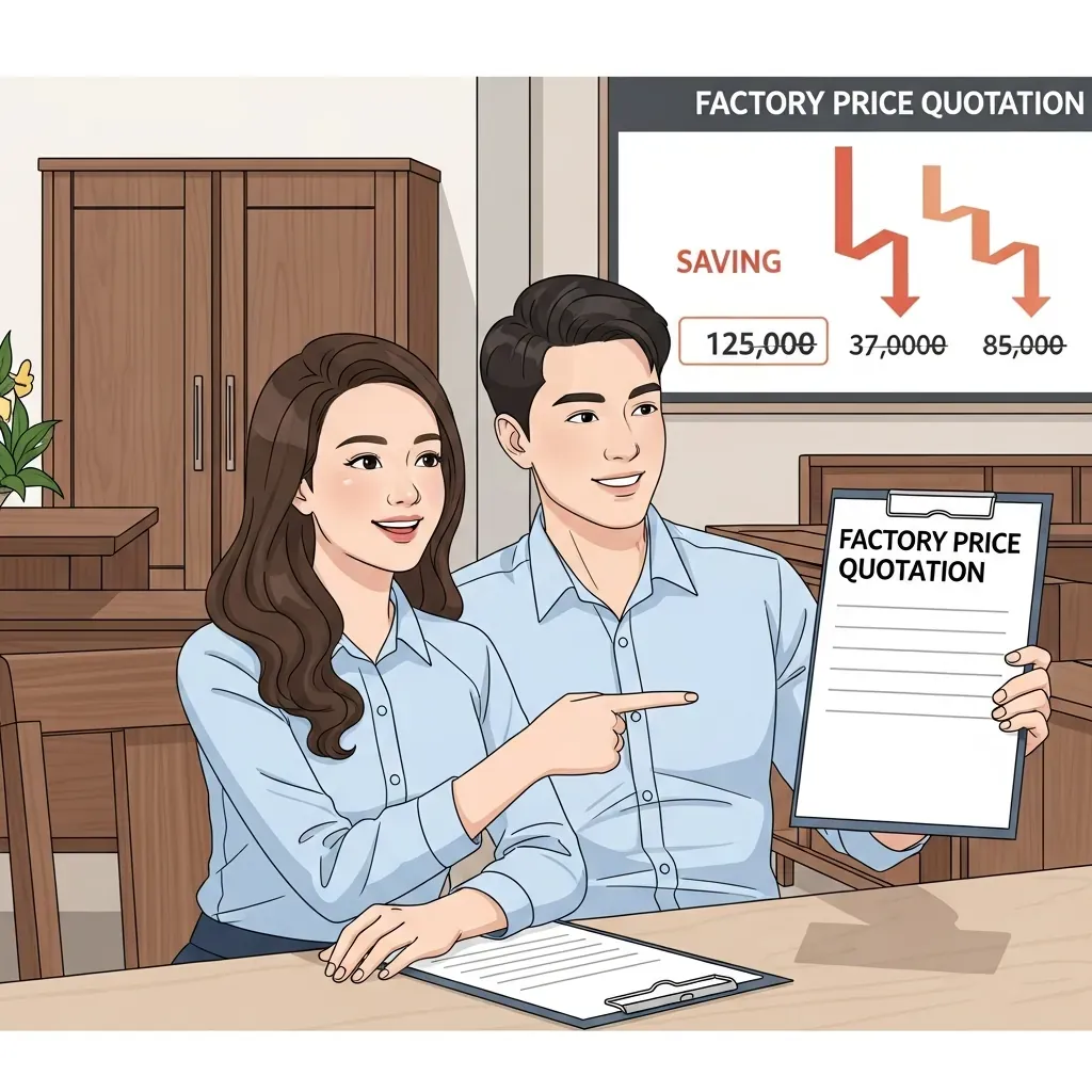Cặp vợ chồng Việt Nam vui vẻ khi xem báo giá tiết kiệm tại xưởng gỗ óc chó.