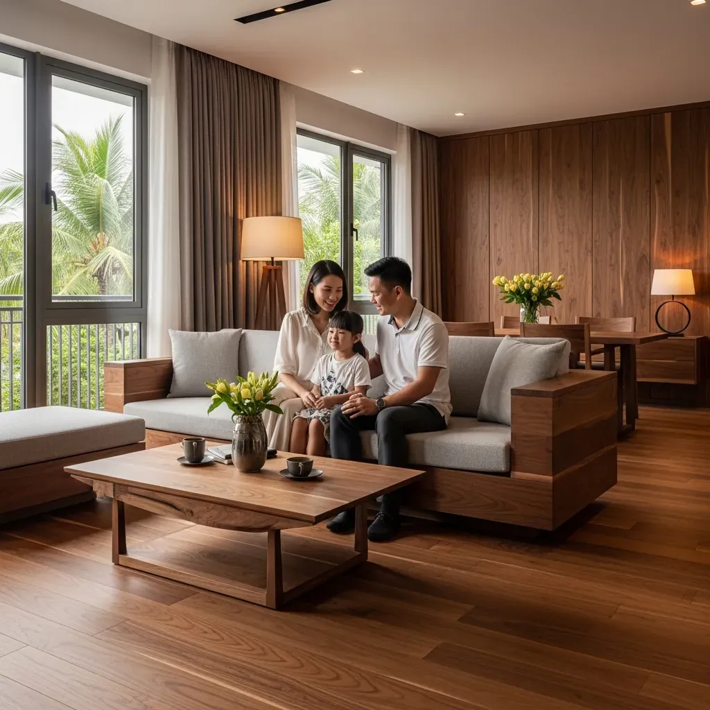 Gia đình Việt Nam trong phòng khách hiện đại với nội thất gỗ óc chó sang trọng.