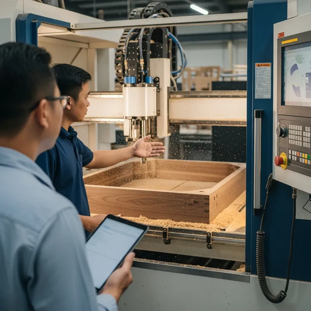 Khách hàng Việt Nam giám sát quá trình CNC cắt gỗ cho bàn của mình tại xưởng.