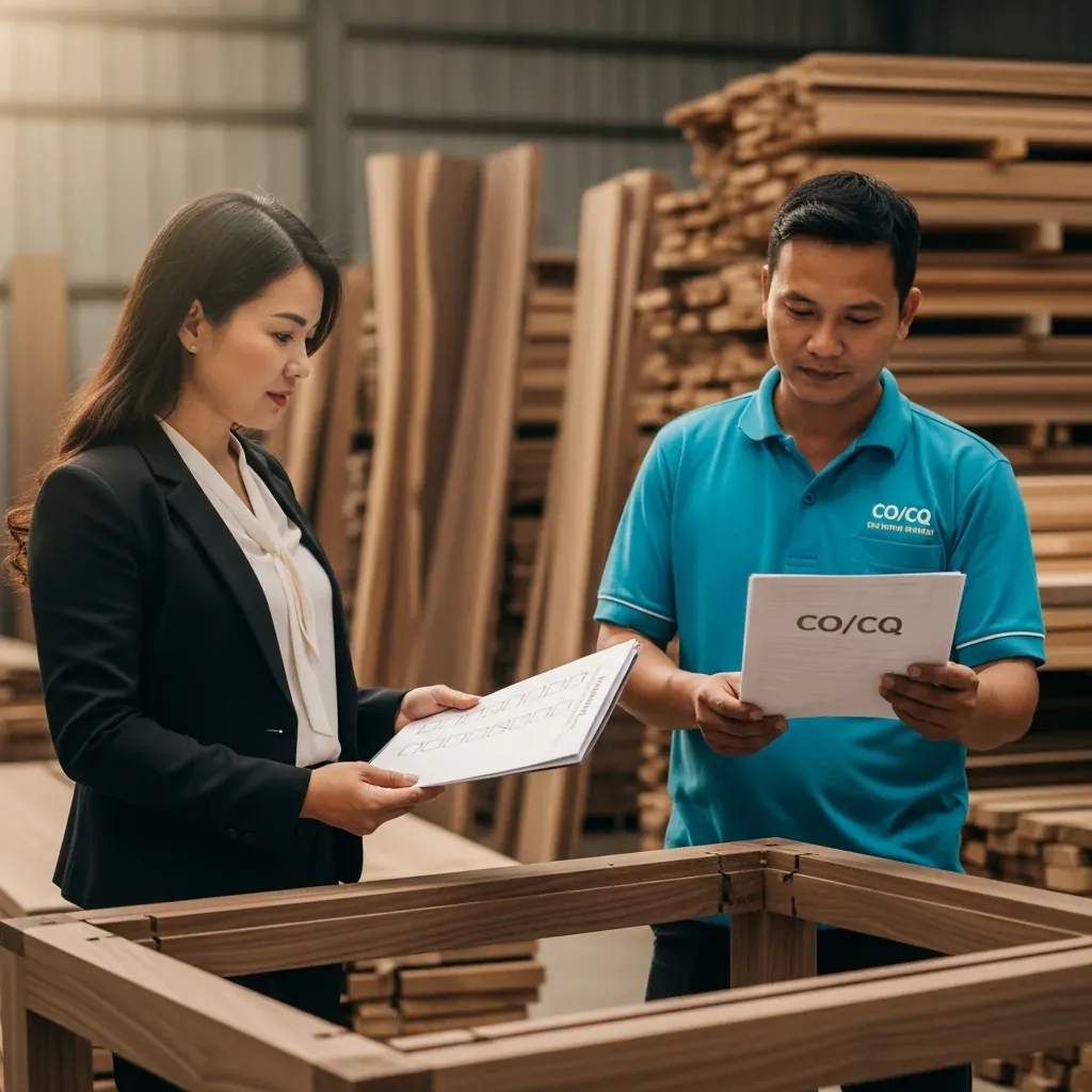 Khách hàng Việt Nam kiểm tra gỗ thô và chứng từ CO/CQ tại xưởng sản xuất.