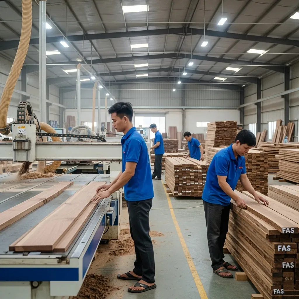 Nội thất xưởng sản xuất gỗ óc chó rộng lớn tại Việt Nam, công nhân đang vận hành máy CNC và kiểm tra gỗ.