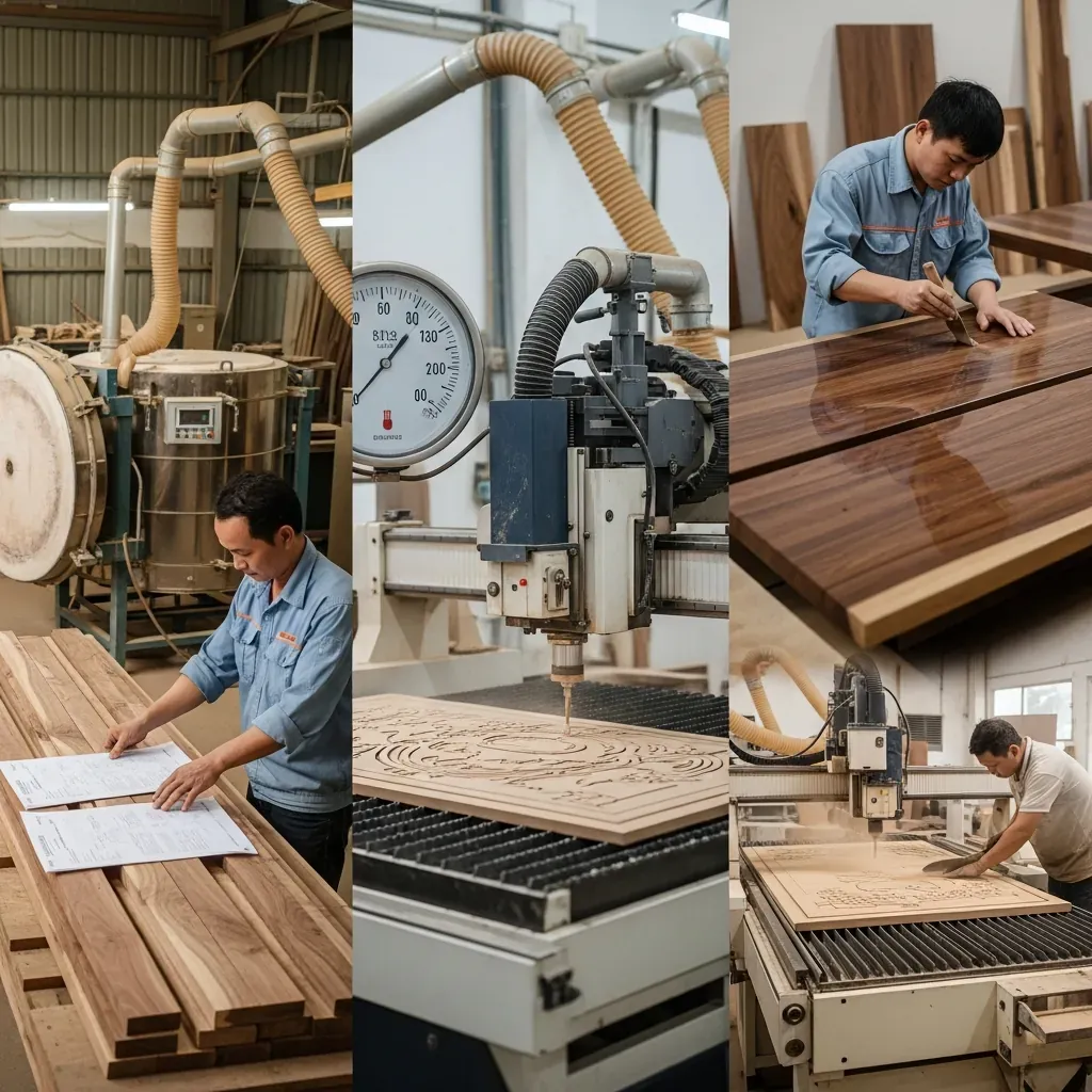 Quy trình sản xuất gỗ óc chó từ chọn gỗ, sấy, CNC, chà nhám đến hoàn thiện trong xưởng Việt Nam.