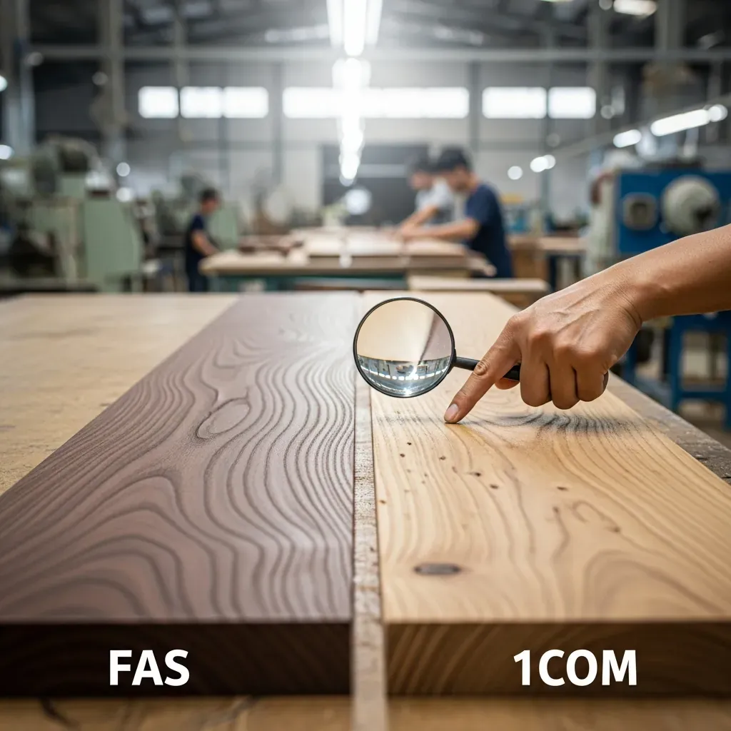 So sánh gỗ óc chó FAS mịn đẹp và gỗ 1COM có mắt gỗ tự nhiên trong xưởng Việt Nam.
