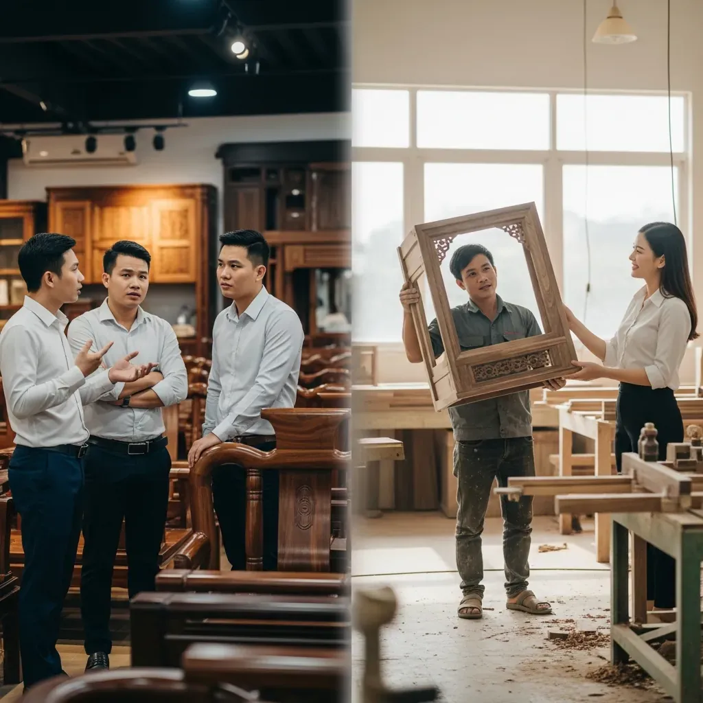So sánh mua nội thất tại showroom và mua trực tiếp từ xưởng sản xuất gỗ óc chó ở Việt Nam.