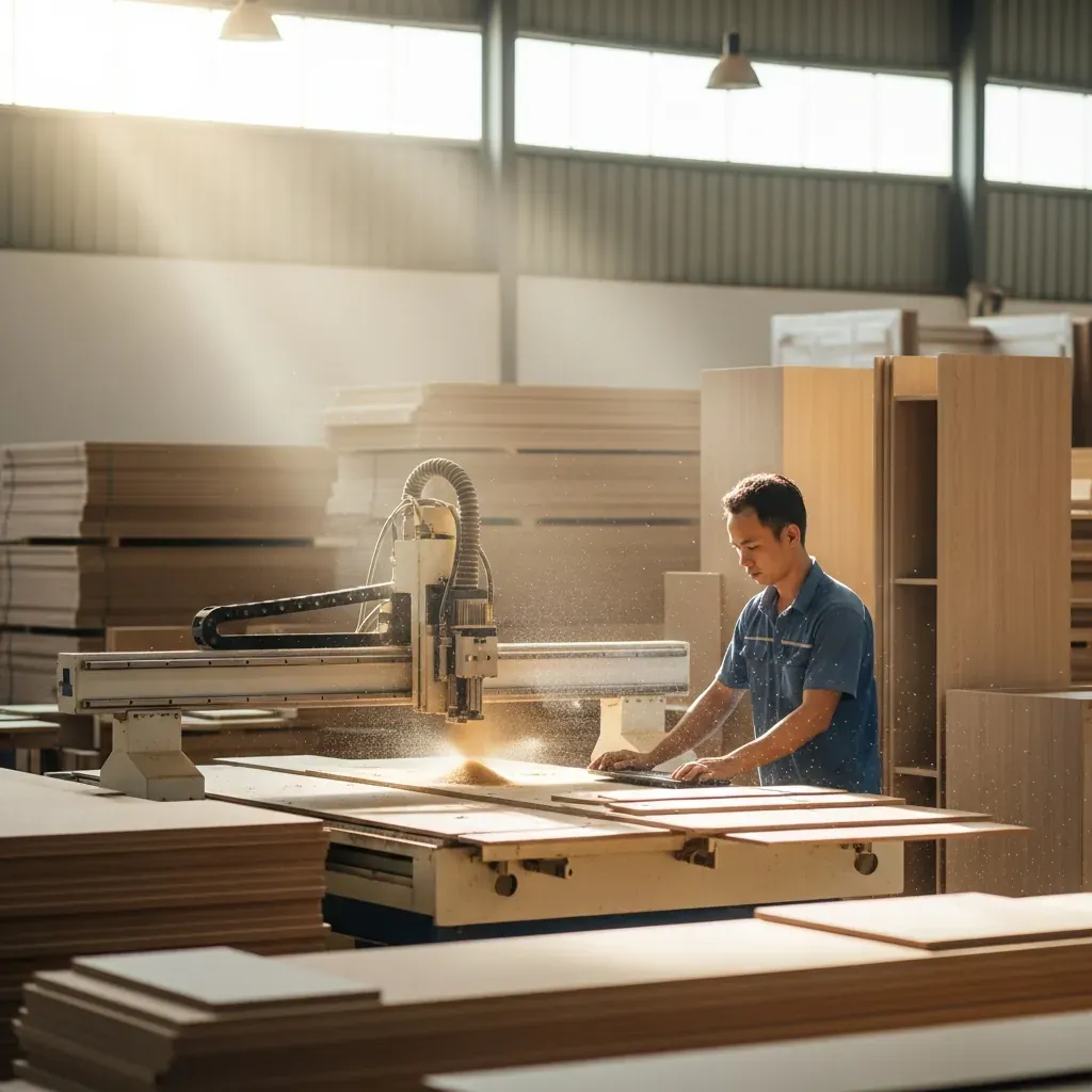 Bên trong xưởng sản xuất nội thất với máy CNC đang hoạt động, công nhân đang làm việc.