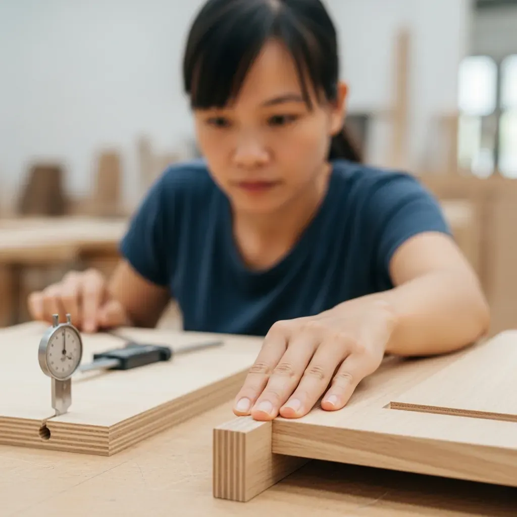 Cận cảnh bàn tay phụ nữ miết nhẹ mép ván vừa dán cạnh, kiểm tra độ mịn.