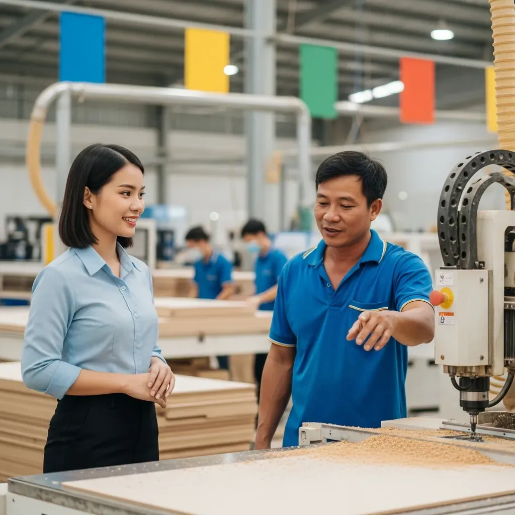 Khách hàng người Việt đang tham quan xưởng nội thất, kiểm tra máy móc trực tiếp.