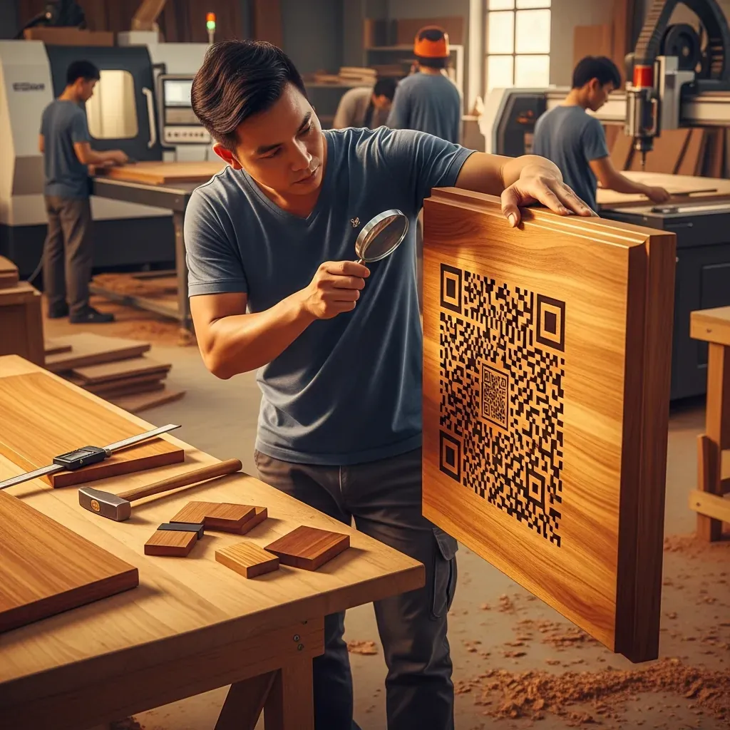 Người đàn ông đang kiểm tra chi tiết tấm ván tại xưởng, soi mã QR và cảm nhận mép dán.