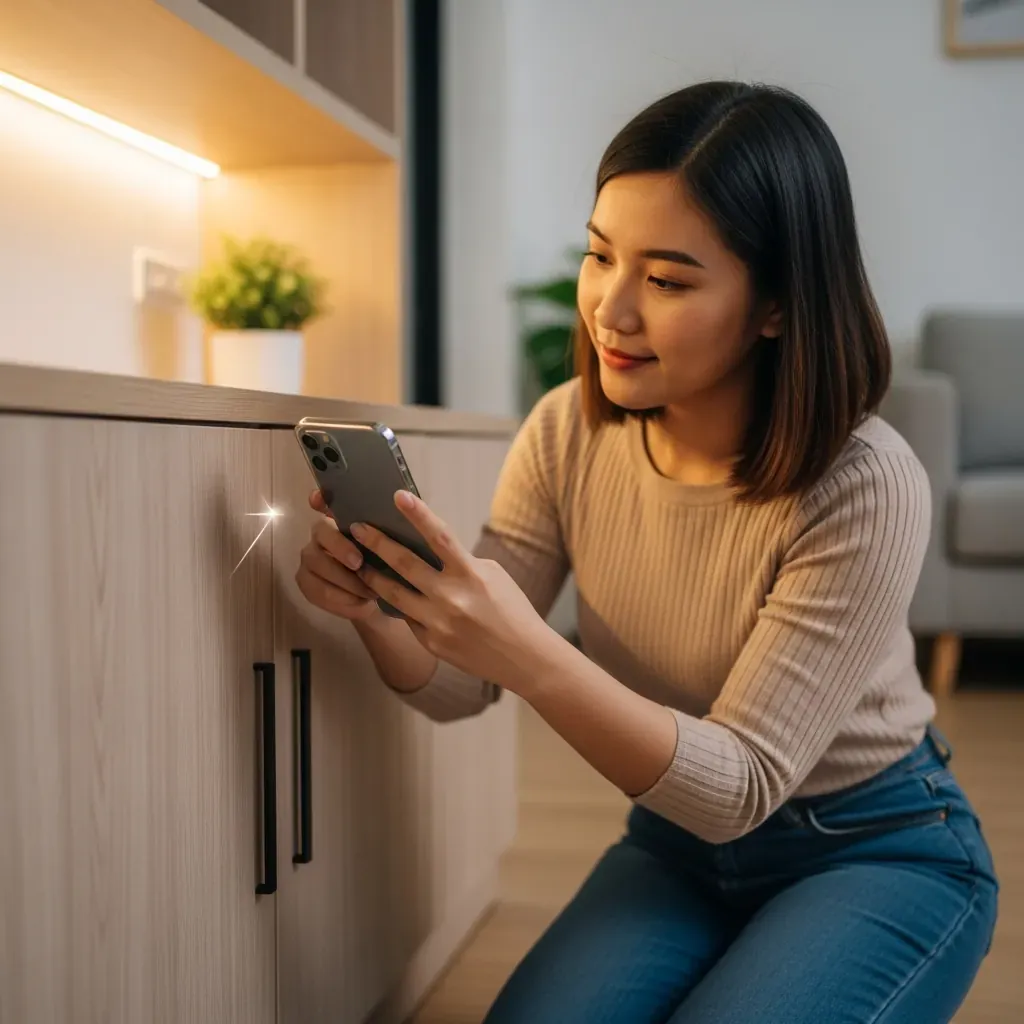 Người phụ nữ dùng điện thoại chụp cận cảnh vết xước trên góc tủ để ghi nhận bằng chứng.