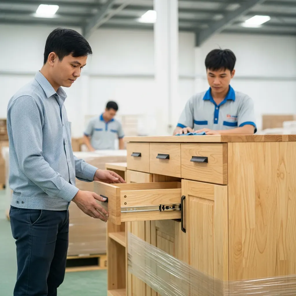 Nhân viên kiểm tra chất lượng đang kéo thử ngăn kéo tủ, kiểm tra độ trơn tru trước khi đóng gói.